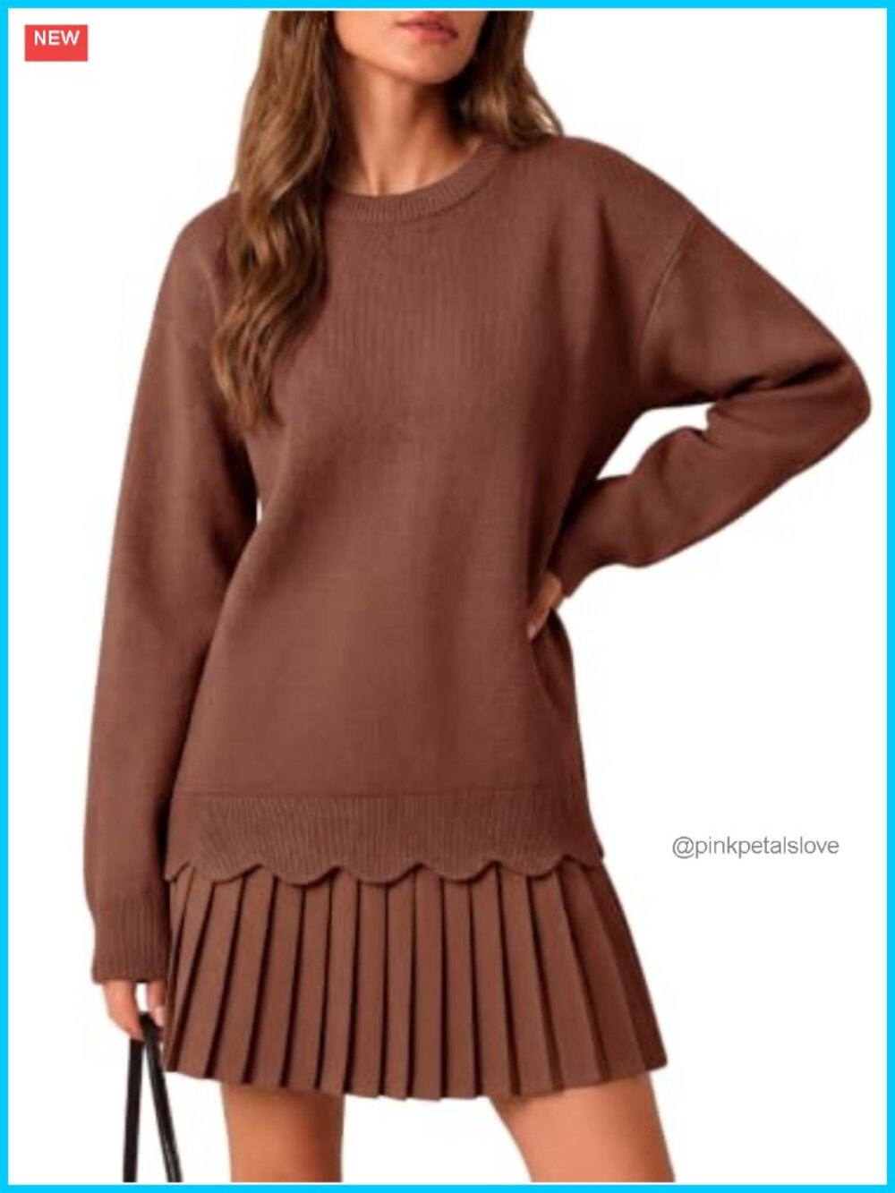 Saodimallsu Pleated Sweater Dress Long Sleeve Crewneck Loose Knit Mini